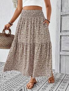 Plus Size Women Ditsy Floral Ruffle Hem Drawstring Waist Casual Midi Skirt, Suitable For Autumn Vacation Summer - Khaki - View 7