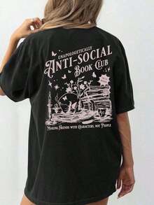 Club de Lectura Antisocial, Literatura de Calaveras, Ratón de Biblioteca Introvertido, Camiseta Casual de Manga Corta con Cuello Redondo Estampada, Top de Verano para Mujer. Conjuntos de Verano para Mujer 4SCW - Negro - Ver 7
