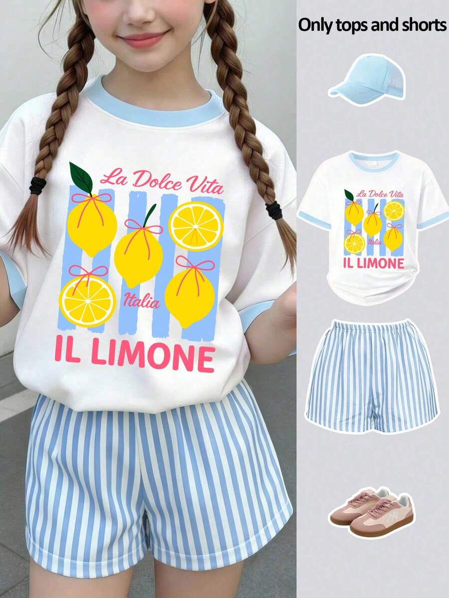 2pcs Girl Set Round-Neck Short-Sleeve T-Shirts With Lemon Pattern Color Print And Casual Striped Shorts Summer Beach Holiday Vocation Set - Baby Blue - View 1