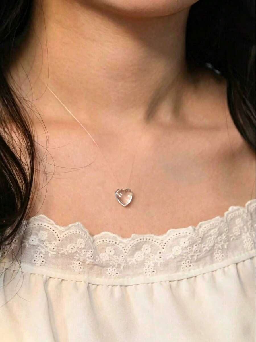 Floating Collarbone Transparent Necklace Like Morning Dew + Invisible Fishing Line Handmade, Fashion Minimalist Simulated Water Drop Necklace - A Single White Heart - View 1