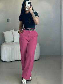 Pantalones de pierna ancha de cintura alta y ajuste delgado para mujer |   Estilo callejero bohemio |   Adecuado para uso casual, ir al trabajo y vacaciones en primavera/verano Negro - Rojo - Ver 10