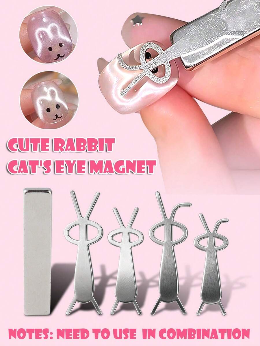 Nail Art Magnet, Cute Rabbit Shaped Cat Eye Magnet With Foldable Ears (Rabbit/Cat/Bear Pattern), DIY Gel Nail Polish Square Magnet, Nail Art Tool, Nail Art Supplies, Suitable For Press-On Nails, Back To School, Wedding, Vacation, Summer Nail Art