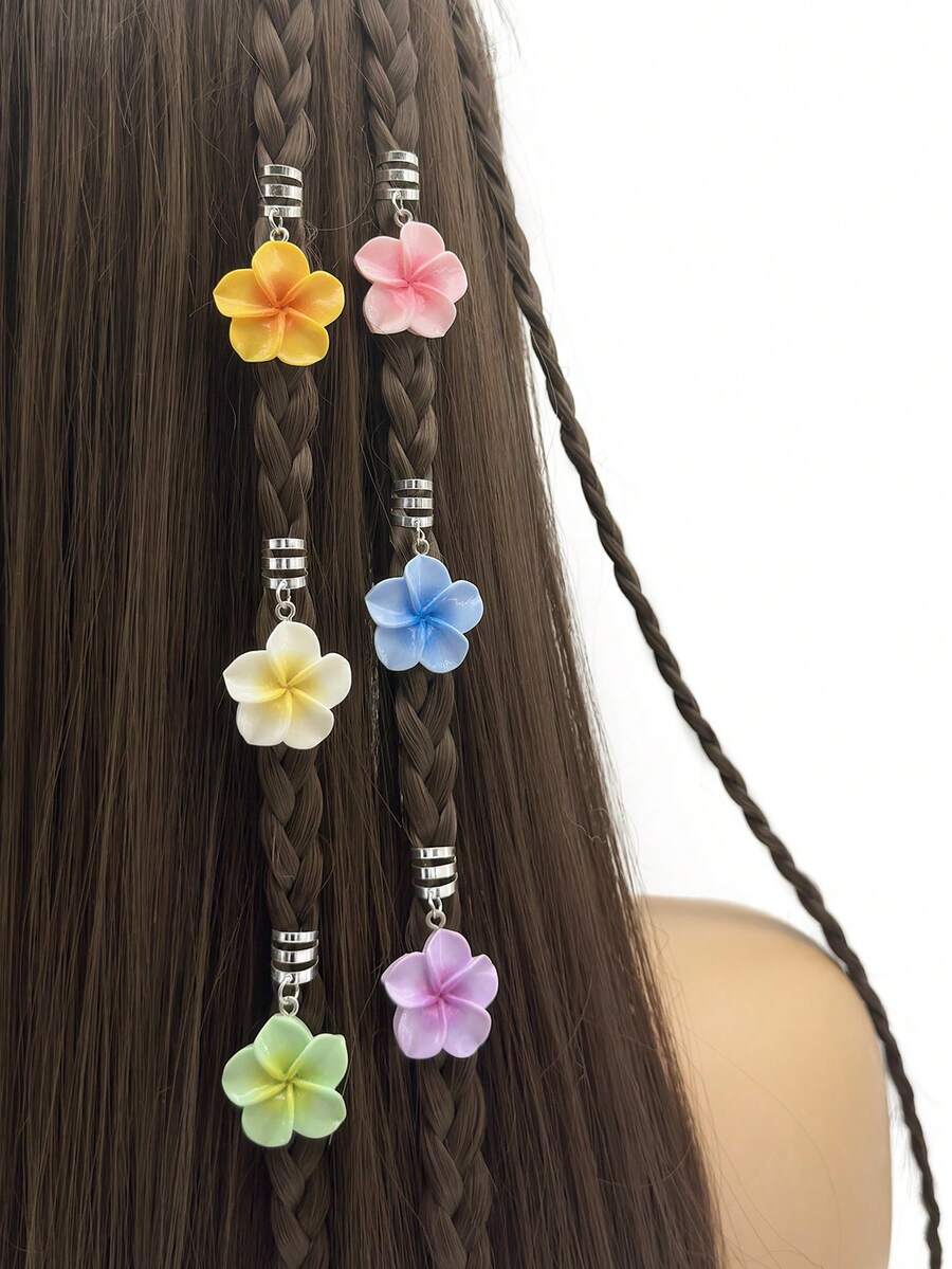 6pcs Frangipani Flower Gradient Color Decor Summer Hair Clip,Dreadlocks Beads Hair Braid Rings Clips Dread Locks Hair Braiding Metal Cuffs Decoration/Accessories Jewelry For Parties Music Festival - Silver - View 1