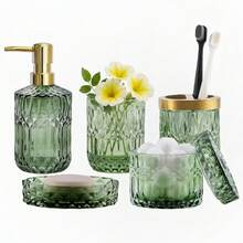 5pcs Transparent Glass Bathroom Accessories Set, Including Soap Dispenser, Soap Dish, Toothbrush Holder, Tumbler, Cotton Swab Box, Suitable For Retro Crystal Bathroom Decor - Multicolor - View 3