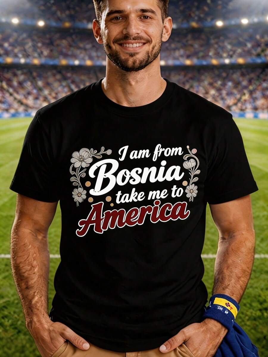 JAG ÄR FRÅN BOSNIEN, TA MIG TILL AMERIKA Rolig Pride Slogan T-shirt Herr Andningsbar Vardagsklädsel  Fritid Vardagskläder Bosnia pride t-shirt, present till invandrare - Svart - Visa 1
