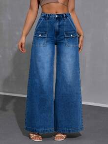 ALO FASHION Pantalones vaqueros de mezclilla lavada de pierna ancha y larga para mujer con bolsillos. Estilo versátil: casual, elegante y bohemio. - azul real - Ver 1