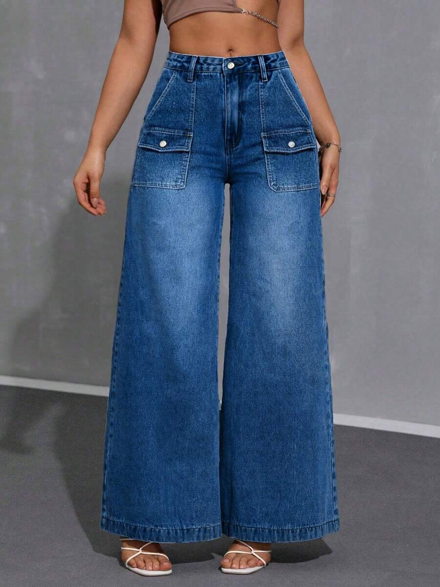 ALO FASHION Pantalones vaqueros de mezclilla lavada de pierna ancha y larga para mujer con bolsillos. Estilo versátil: casual, elegante y bohemio. - azul real - Ver 1