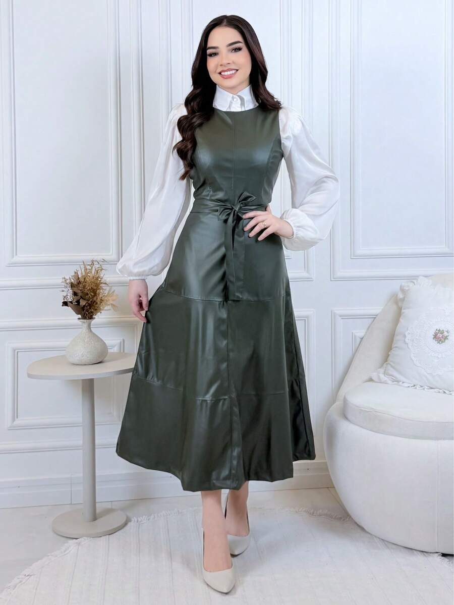 Midi Dress With A Flared, Fitted Waist In Faux Leather. Modest And Elegant Fashion. Conservative/Modest. Suitable For Parties, Casual Wear, Boho, Formal And Evening Wear, Office, Everyday Wear, Autumn/Winter. - 軍綠色 - 查看 1