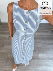 Vestido de algodón con rayas de color azul claro elegante, vestido maxi sin mangas de verano elegante para mujeres, conjunto de vestidos ajustados con botones delanteros sexy, ropa de trabajo retro y elegante, vestido largo cómodo y transpirable para vacaciones - Cafetería - Ver 10