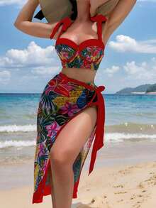 Swim Vcay Traje de baño de 3 piezas para mujer con estampado de plantas tropicales sexy, incluye pareo y falda, adecuado para vacaciones en la playa en verano - Multicolor 2 - Ver 2