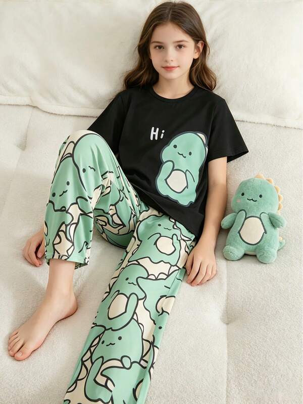 Conjunto de pijama de 2 piezas con estampado de animales de dibujos animados "Hola" para niñas, con parte superior estampada y pantalones con estampado de animales de dibujos animados, lleno de alegría, ideal para uso diario en casa en primavera y verano