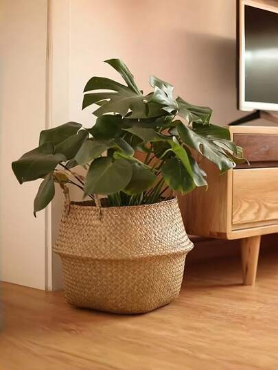Giỏ trồng cây bằng cỏ biển đan thủ công cỡ lớn, giỏ đựng đồ đan gấp gọn dùng để trang trí nhà cửa, chậu trồng cây phong cách Boho tự nhiên cho phòng khách và khu vườn.