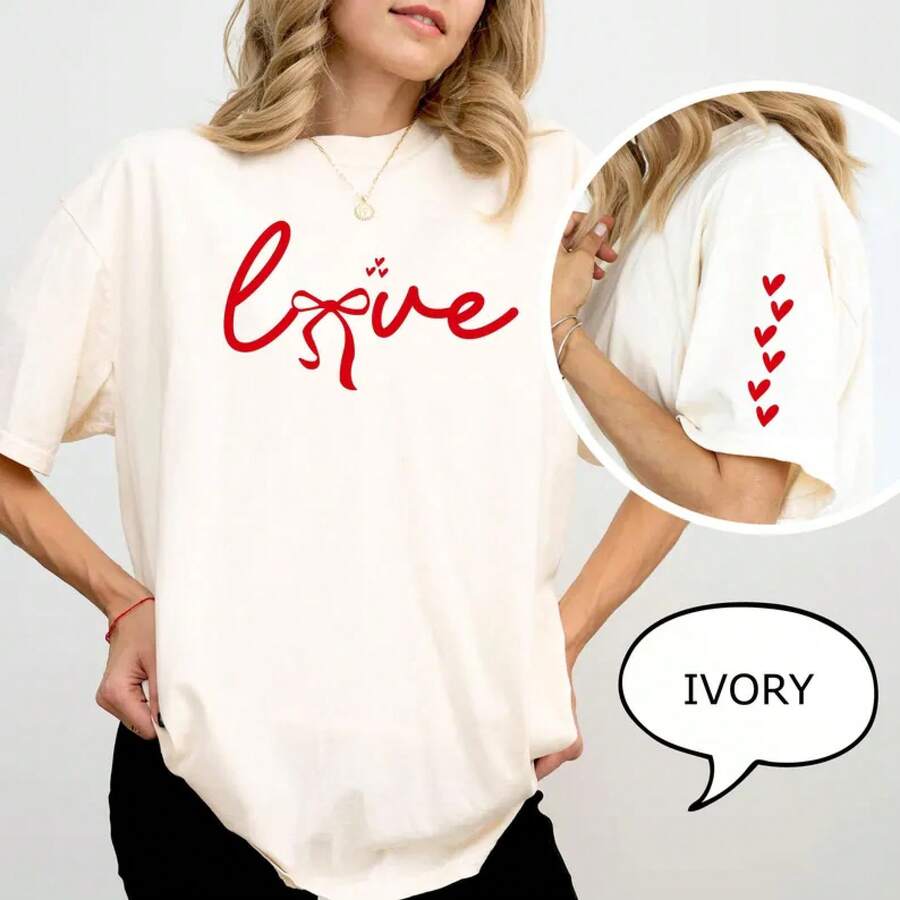 Beyond Bounds Love T-Shirt, Flirty Love Bow T-Shirt, Heart Sleeve T-Shirt, Valentine's Day Gift, Girlfriend Gift 2026 - 杏色 - 查看 1