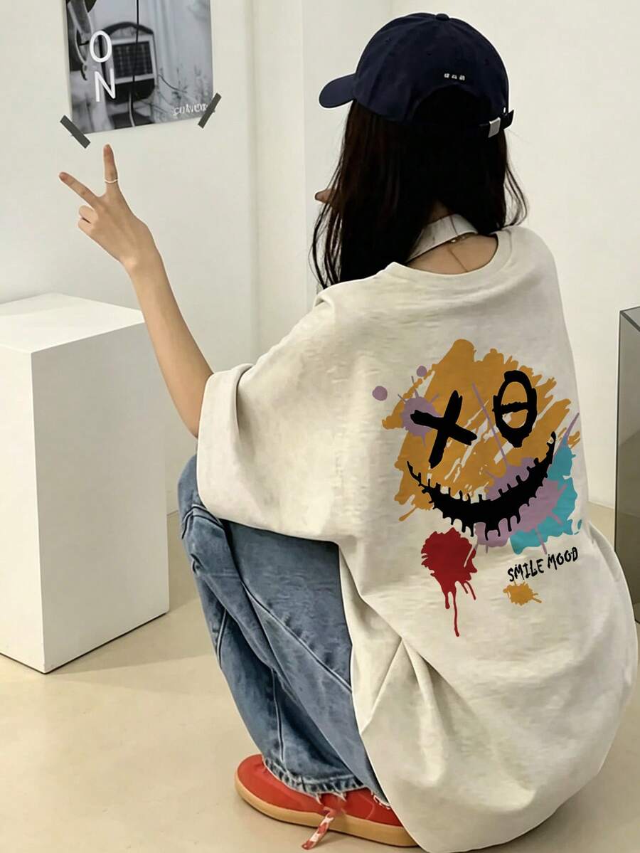 日系女式休闲宽松100%纯棉卡通涂鸦笑脸印花短袖T恤,春夏款 - 淺花灰 - 查看 1