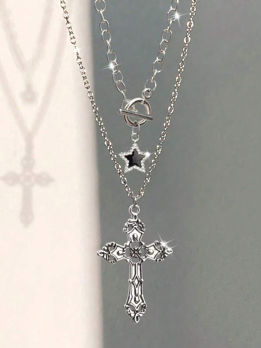 2 chiếc dây chuyền mặt dây chuyền hình thánh giá phong cách Gothic Retro Rock Star dành cho nữ - Bạc - Xem 1
