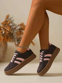2026 New Color Block Patchwork Preppy Style Athletic Fabric Lace-Up Casual Versatile Women Sneakers, Suitable For Outdoor Spring/Summer - Grey - View 5