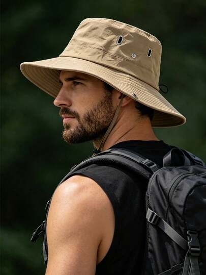 1pc Men's Outdoor Sun Hat, Wide Brim UV Protection Breathable Boonie Hat With Chin Strap For Hiking Camping Fishing