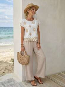 Conjunto de 2 piezas de top y pantalones con estampado vintage casual para vacaciones de mujer, conjunto de atuendo de vacaciones, conjunto de atuendos casuales de mujer, conjunto de atuendos de verano de mujer, conjunto bohemio para mujer, coords para mujer, pantalones y top, atuendo casual de playa para mujer, top conservador - Multicolor 7 - Ver 5