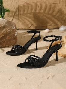 On feet& in love Women's Fashionable & Elegant Satin Rhinestone One-Strap Buckle Open Toe High Heel Sandals, Suitable For Dresses In Summer - Black - View 5
