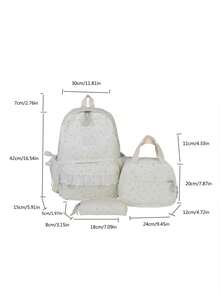 3-Pack Nylon Cream Style Lace Bowknot Star Print Backpack Set, Foldable Multi-Pocket Large Capacity Zipper Backpack, Suitable For Teenagers, High School Studeege Students, Women, Daily Use, Commuting, Travel, Valentine's Day - Beige - View 11