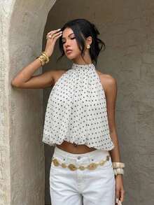 Elegant Sleeveless Solid-Color Blouse With A High Neck And Cropped Length, Versatile For Summer, Beach, Vacation, Bohemian Style, Tropical, Valentine's Day, Back To School For Women - 黑與白 - 查看 3