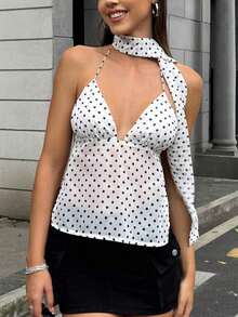 Sundraya Women's Sexy Polka Dot Graphic T-Shirt With Laces - 白色的 - 查看 7
