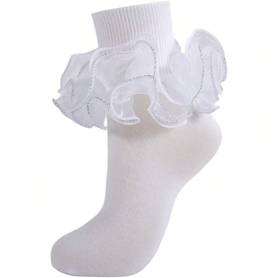 NEW- Women Big Ruffle Ankle Socks Adult Fluffy 4-Layer Lace Frilly Socks Fold Cuff Cotton Fancy Ruffled Dress Bobby Sock - White - 1 Pair - View 1