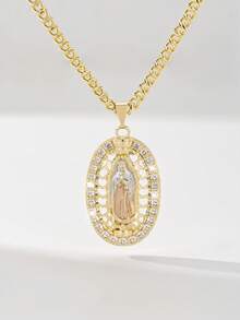 1pc Classic European And American Style Copper Inlaid Zirconia Large Chain Pendant Necklace, Retro Hip-Hop Guadalupe Virgin Mary Amulet, Limited Edition, Suitable For Christmas/Thanksgiving/Halloween/Mother's Day/Valentine's Day Gifts, Catholic First Communion, Daily And Holiday Wear, Prayer - Yellow Gold - View 1