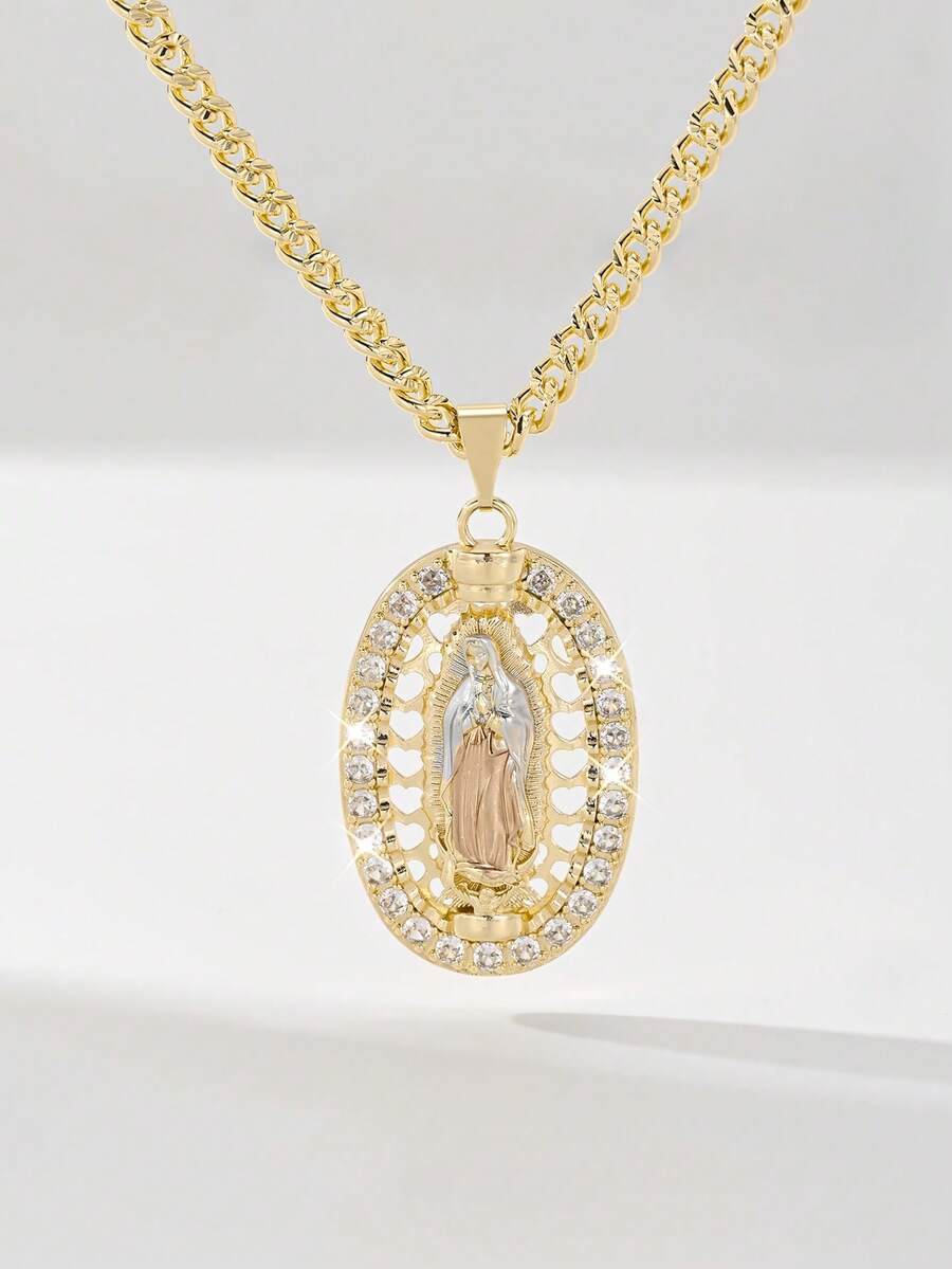 1pc Classic European And American Style Copper Inlaid Zirconia Large Chain Pendant Necklace, Retro Hip-Hop Guadalupe Virgin Mary Amulet, Limited Edition, Suitable For Christmas/Thanksgiving/Halloween/Mother's Day/Valentine's Day Gifts, Catholic First Communion, Daily And Holiday Wear, Prayer - Yellow Gold - View 1