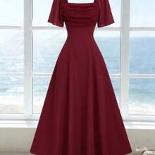 Nana's Women's Clothing Store  Nuevo vestido elegante con cuello cuadrado, frente plisado, espalda descubierta y cintura ceñida de gasa para mujeres - Burdeos - Ver 4