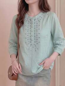 JIANHU Beige Leinen Besticktes Hemd - Sommer Boho Blumen Bluse | 3/4 Ärmel Hemd, handgefertigte Kragen- und Manschetten-Details, geeignet für den 4. Juli/Abschluss/Strandmode, lässig aber formell Damen-Top - Blau - Übersicht 11