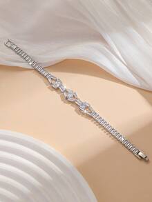 1 Set Luxury Elegant Cubic Zirconia Inlaid Geometric Pattern Bracelet, Suitable For Women's Wedding And Banquet Wear - Silver - 2 - View 3