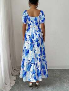 Vestido de mujer con diseño de mangas de pétalo, cuello cuadrado y cintura ceñida con estampado - Azul y blanco - Ver 2