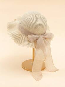 1 pieza Sombrero de sol blanco con onda y lazo para niñas, sombrero elegante con protección UV adecuado para la playa, viajes, vacaciones, estilo bohemio - 1PC - Ver 6