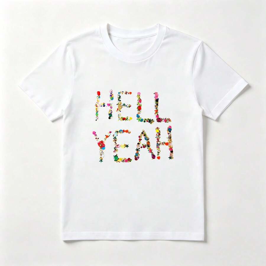 Bright Colorful White Cotton T-Shirt With Gem Design - White - View 1