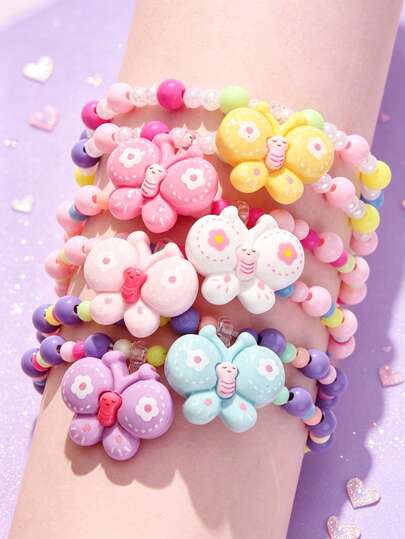Set de 6 piezas Pulsera con cuentas con diseño de mariposa linda para niñas, cuentas coloridas surtidas, adecuado para festivales, fiestas, escuela, uso diario