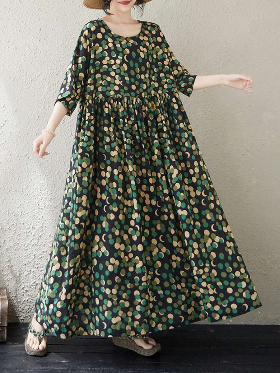 AZAH 2026復古風大尺碼女款蝙蝠袖短袖圓領口袋梭織面料泡泡裙,夏季波點洋裝優雅度假風 - 綠色 - 查看 1