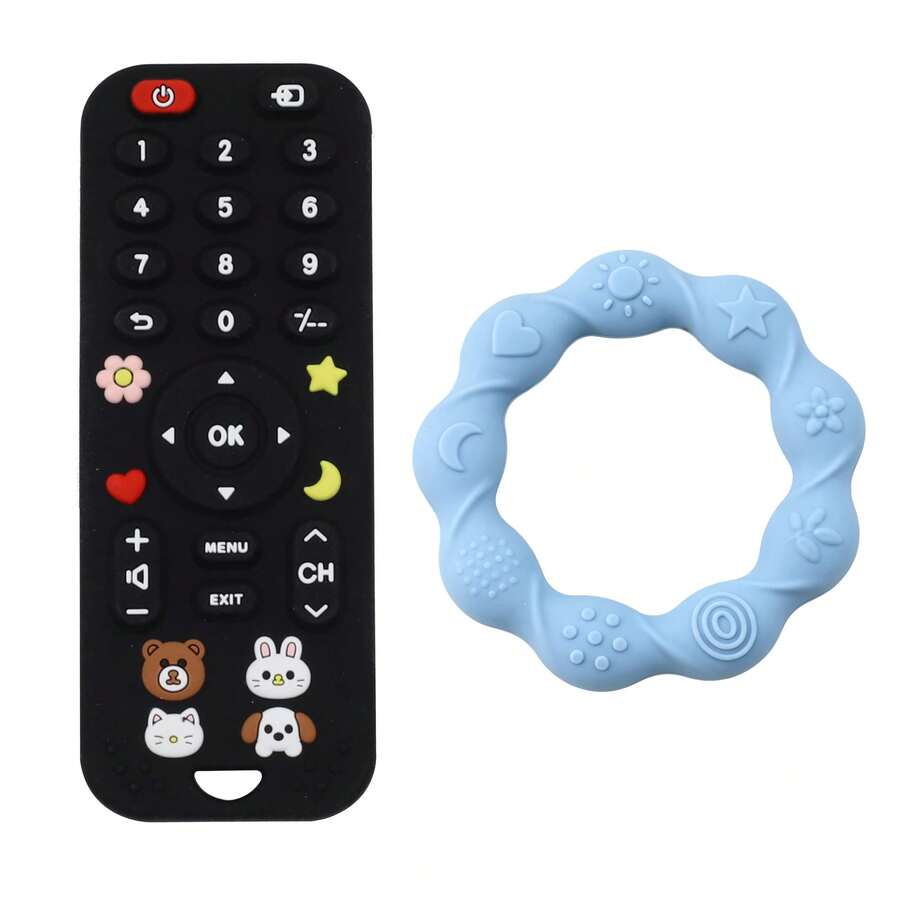 1 Set Of 2 Baby Remote Control Teether, Floral Pattern Silicone Chew Toy, Teething Toy - Multicolor - View 1
