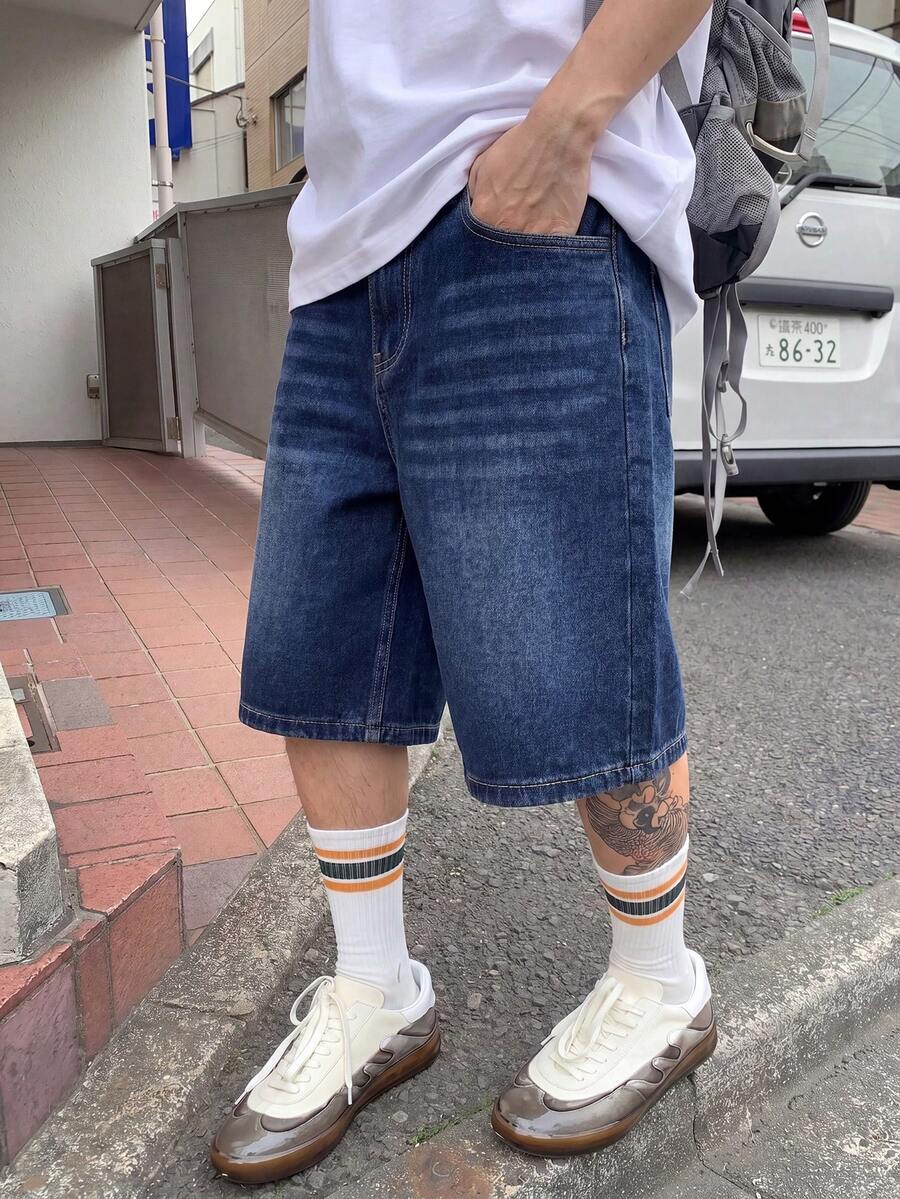 男士休闲斜插口袋纯黑色牛仔短裤 - 藍色 - 查看 1
