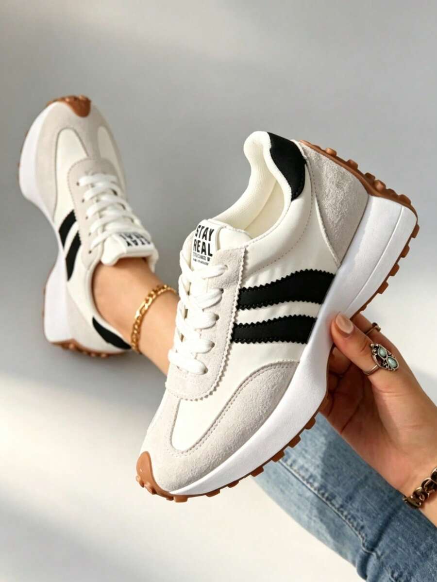 2026 New Retro Suede Sneakers Women, Blue White Casual Lace-Up Trainers, Comfortable Non-Slip Chunky Sole Running Shoes - 白色 - 查看 1