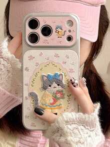 1 pieza Funda de teléfono con gato plateado brillante + gato bordado con flor, adecuada para iPhone 11-17 Pro Max - Rosa - Ver 2