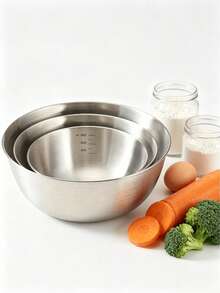 3pcs Stainless Steel Mixing Bowls With Measurement Markings, Brushed Metal Finish, Egg Beating Bowl, Egg Mixing, Suitable For Kitchen Preparation And Storage - Silver - View 11