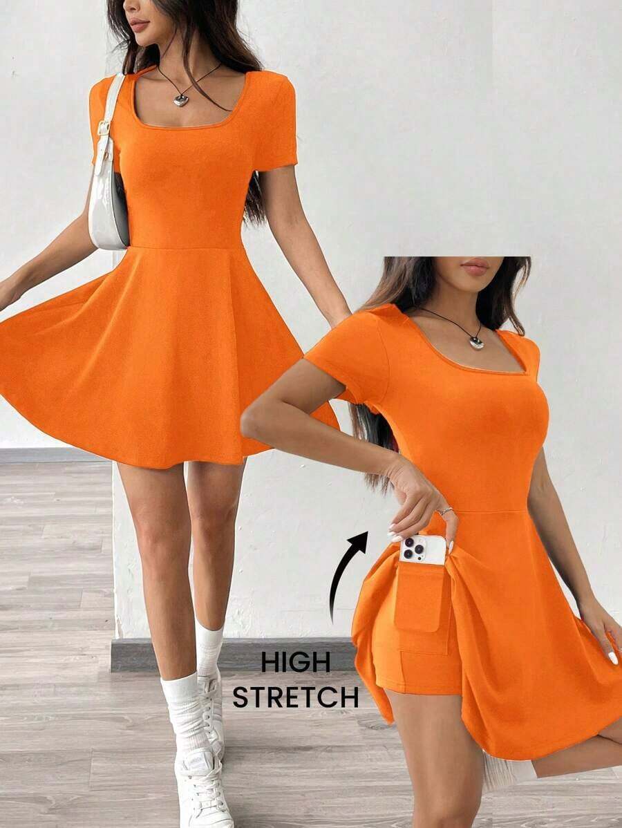 1 pieza Vestido corto de punto casual de mujer, cómodo para uso en el hogar y actividades deportivas, color rojo - Naranja - Ver 1