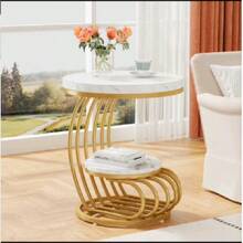 Tavolino rotondo dorato, offerta set di tavoli a 2 livelli, con spazio di archiviazione, comodino moderno in platino, tavolo decorativo in finto marmo per soggiorno - Bianco - Visualizzare 4