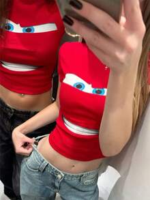 Disney Cars Lightning McQueen Graphic Red Crop Top, Women's Fitted Short Sleeve Tee - 紅色 - 查看 2