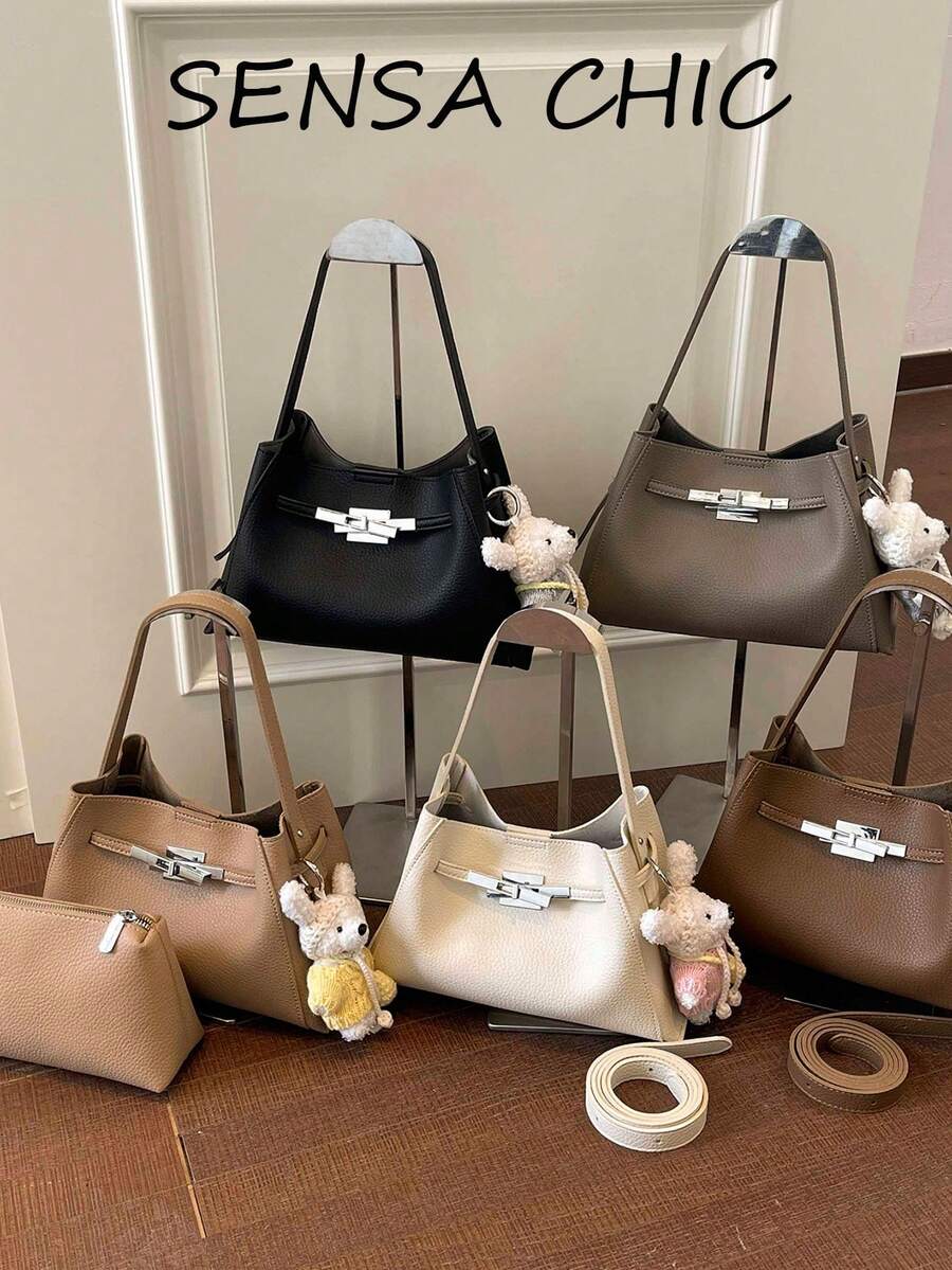 Textured Metal Decor Soft Leather Material Twist Lock Closure Adjustable Shoulder Strap Crossbody Bag Modern Casual Style Women's Bag Suitable For Office Commute Short Trips Gatherings Shopping Multi-Purpose Shoulder Bag - Multicolor - View 1