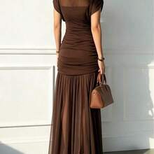 Vestido elegante y sexy de unicolor con volantes de malla, dobladillo plisado, adecuado para la playa, citas nocturnas, bodas, fiestas de cumpleaños, primavera/verano - Marrón - Ver 3