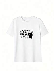 Spring/Summer 2026 Fashion Item: Short-Sleeved T-Shirt With A Cat Print, Made In Mexico. Features A Cartoon Print Design, Perfect For Couples, And Suitable For Both Indoor And Outdoor Wear. Designed With A Classic Crew Neck, This Unisex Style Is Ideal For Office And Casual Occasions. Sold Individually. - 白色 - 查看 2