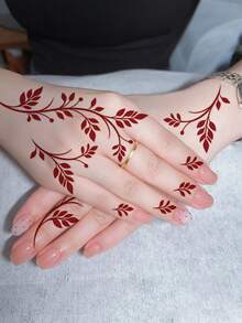 STARTTOOS Red Minimalist Y2K Henna Floral Pattern Temporary Tattoo, DIY Party Holiday Gift, Suitable For Wrist, Ankle, Shoulder, Neck, Collarbone, Waterproof Realistic Tattoo Sticker - Red - View 2