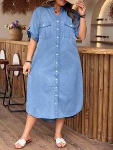 Vestido de mezclilla casual con cuello con muesca y botones delanteros, talla grande y unicolor - Negro - Ver 7